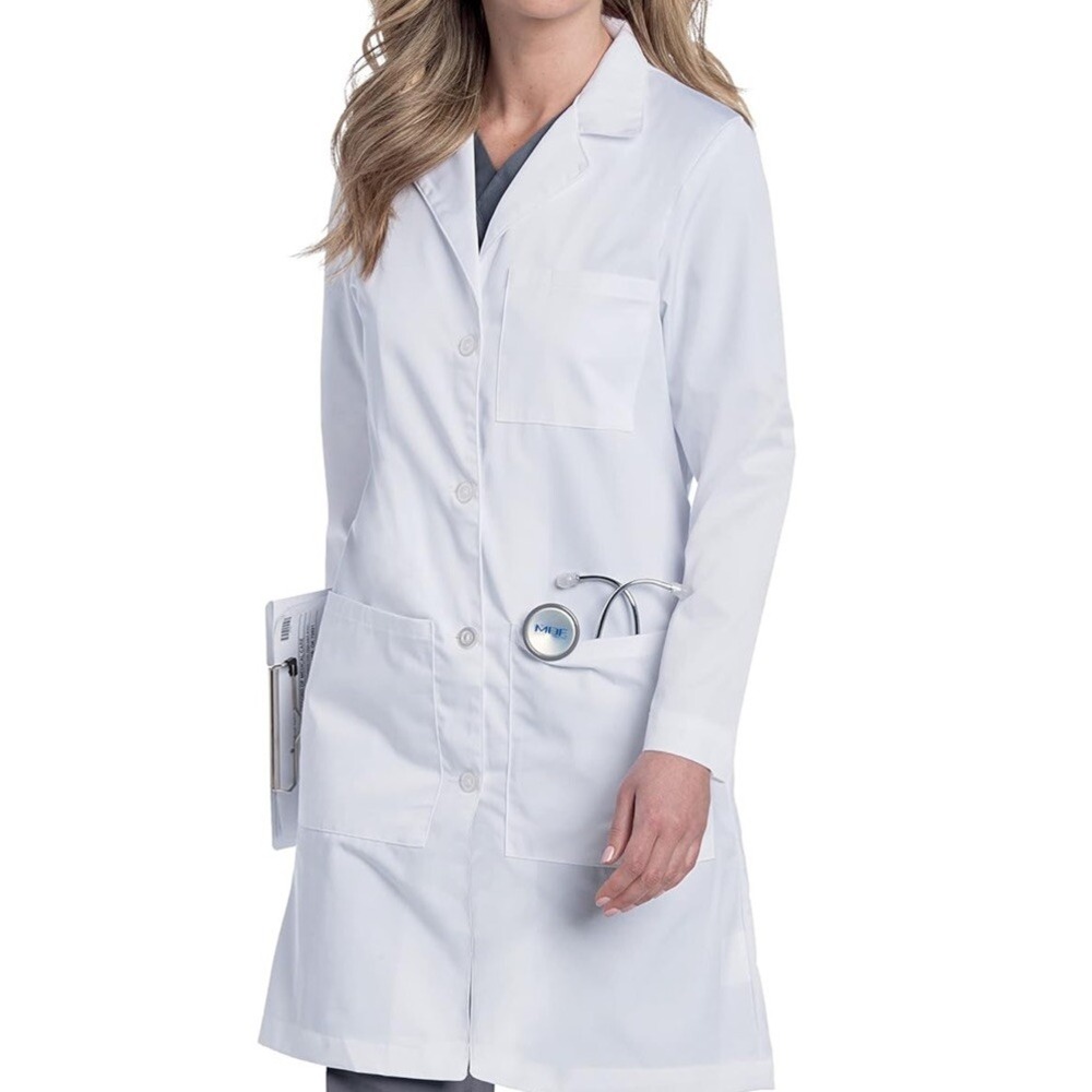 Landau Women's New4 Button Notch Neck Faux Belt Back Full Length Lab Coat - 3155